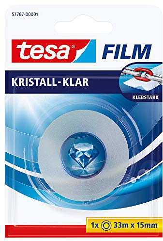 tesafilm Crystal Clear - 33 m x 15 mm | Hochtransparentes, kristall-klares und alterungsbeständiges Klebeband mit starker Haftung - reißfester Klebefilm