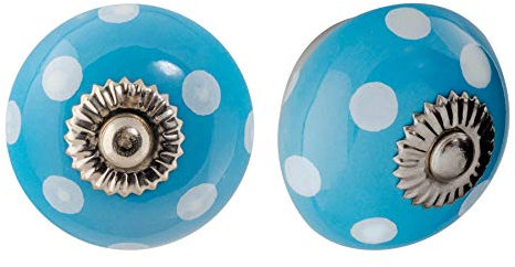 Nicola Spring Ceramic Cupboard Drawer Handle Knobs - Polka Dot Design - Light Blue/White - Pack of 12