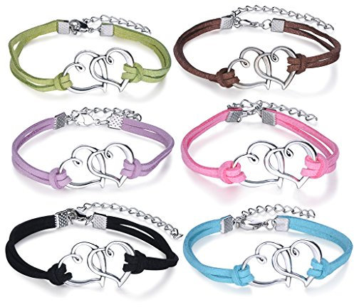 Yumilok Doppel Herzen Charm-Armband Freundschaft Armbänder Handgemacht Geflochten Leder Legierung Verstellbar Armkettchen für Damen Mädchen, 6 Stücke