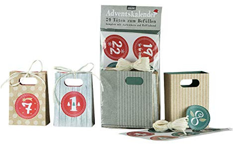 Adventskalender 24 Tüten zum Befüllen aus Papier, mit Aufkleber und Raffiaband
