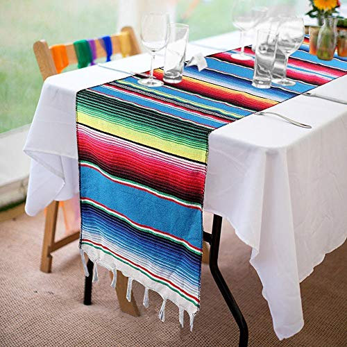 Fowecelt Mexikanischer Serape-Tischläufer, 35,6 x 213,3 cm, handgewebte Decke, bunt, gestreift, mexikanischer Tischläufer, mexikanische Party, Hochzeitsdekorationen, Fransen aus Baumwolle