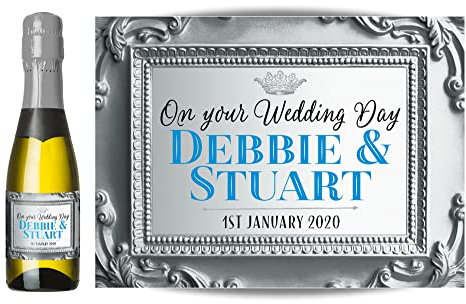 Personalised Label for Mini Champagne or Mini Wine Bottles – Anniversary, Wedding, Engagement, Hen Party, Birthday, Congratulations or Any Occasion You Like (Silver/Blue)