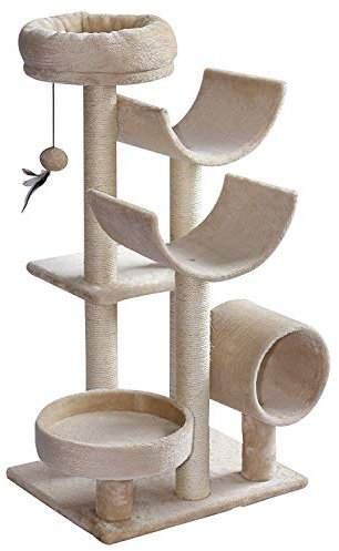PawHut Cat Tree for Indoor Cats with Scratching Post Perch Tunnel Beige