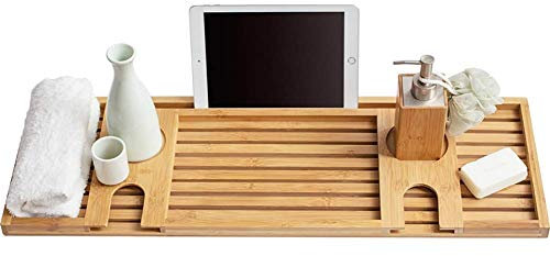 RANRANJJ Bambus Badewanne Caddy Tray - Holz Badewanne Tray Erweiterbar mit Buch und Wein-Halter - große Geschenk-Idee for die Lieben