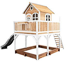 AXI Liam Playhouse for Kids Outdoor, sandpit, grey slide | Wooden Play house for the garden/outdoor in brown & green from FSC wood