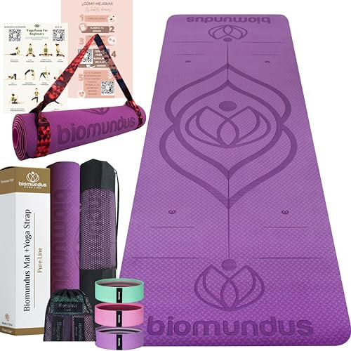 biomundus yogamatte rutschfest + Fitness-gummibänder + Yoga-gurt + Körperpositionslinien + Tasche anti-rutsch-sportmatte, Pilates matte sport, Gymnastikmatte yoga mat, Yoga matte sport (Lila Pack)