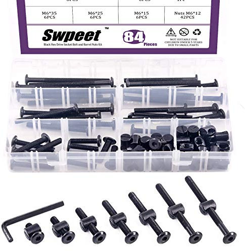Swpeet Juego de tornillos para cuna, 120 unidades, color negro, M6 × 15/25/35/45/55/65/75 mm, cabeza hexagonal, perno de cuna y tuercas de barril con 1 llave Allen, cunas, tornillos de cuna.