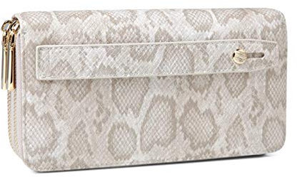 Daisy Rose Handy-Clutch und Geldbörse mit doppeltem Reißverschluss für Damen – RFID-Blockierung, veganes PU-Leder, Multi-Karten-Organizer, Cremefarbene Schlange, 8.2 x 1.6 x 4.1 inches