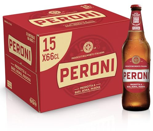 Peroni Birra, Cassa con 15 Birre Lager in Bottiglia da 66 cl, 9.90 L, con Malto 100% Italiano, Gusto Moderatamente Amaro, Gradazione Alcolica 4.7% Vol