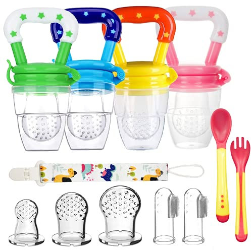 4pcs Chupetes Frutas Bebe Sin BPA Alimentador Antiahogo de Fruta para Bebés + 3 Tetinas de Silicona en 3 Tamaños + 2 Cepillos de Dedo para Bebés