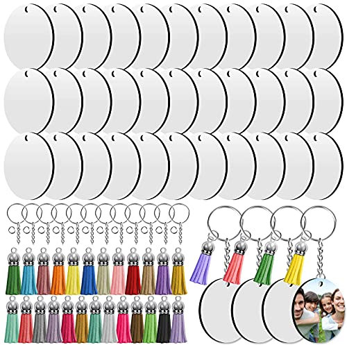 200 porte-clés vierges par sublimation comprenant 50 pièces vierges de sublimation double face, porte-clés, pompons en cuir, anneaux ouverts pour loisirs créatifs(lot de 30)