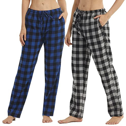 YUSHOW Lot de 2 Bas de Pyjama Femme Coton en Flanelle à Carreaux Ultra Doux Pantalon Pyjama Flanelle avec Poches,Gris à carreaux noirs + carreaux bleus (lot de 2), S