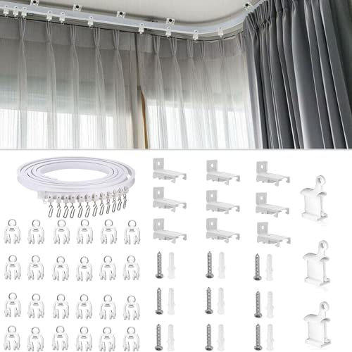 Binwat Tringle à rideau en plastique PVC flexible - Séparateur de pièce - Rail de douche d'angle long incurvé - Système d'intimité pour hôpital - Crochets de fixation murale et plafond (3 m, serrage