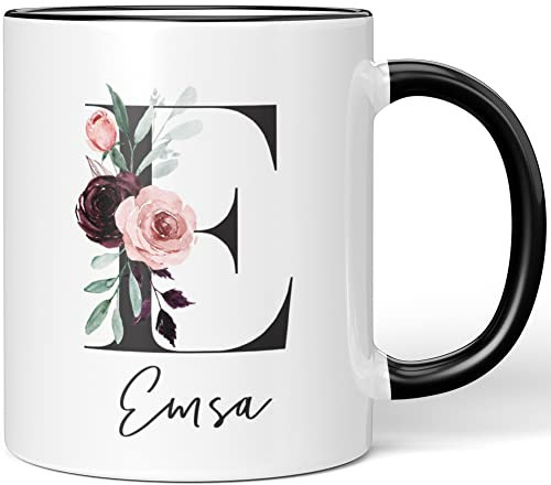 JUNIWORDS Tasse, Emsa, Name Anfangsbuchstabe Initial Alphabet Floral Buchstabe E Monogramm Motiv, Schwarz (5567528)