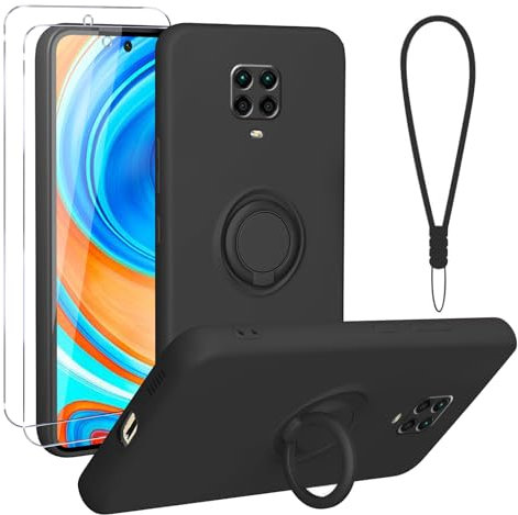 Vauki für Xiaomi Redmi Note 9 Pro/9 Pro Max/9S 4G Hülle mit Ring Halter Ständer Handyhülle mit 2 Schutzfolie und Handschlaufe Weiches Silikon TPU Magnetische Ring Case für Redmi Note 9 Pro,Schwarz