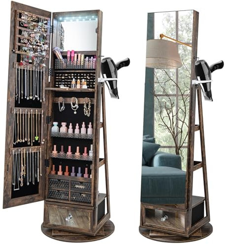 CHARMAID Schmuckschrank, 360° drehbar, 163,8 cm hoch, Spiegel in voller Länge, 6 LEDs, abschließbarer Schmuck-Organizer mit hinteren Ablagen, große untere Schublade, Haartrocknerhalter (Rustic Brown)