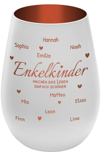 Windlicht mit Gravur ''Enkelkinder'' - personalisierbar mit Namen und Spruch - Weiß/Kupfer - Höhe 12 cm - Teelichthalter Kerzenhalter Vornamen Enkel