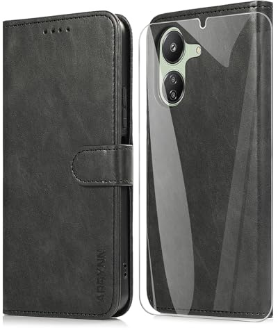 ARRYNN Cover per Xiaomi Redmi 13C (6,74) con Vetro temperato,Portafoglio in Pelle Cover Xiaomi Redmi 13C,Custodia a Libro Supporto Magnetica Portafoglio - Nero