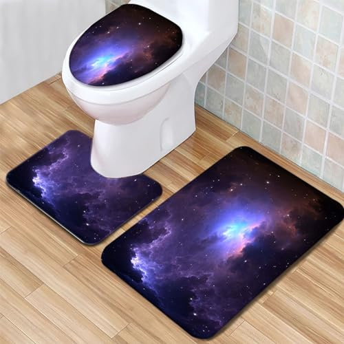 Badematte Sternenhimmel lila Muster Badezimmerteppich Set 3 Teilig Mikrofaser Badteppiche und WC Vorleger mit Ausschnitt Waschbar rutschfeste Badvorleger Toilette Teppich