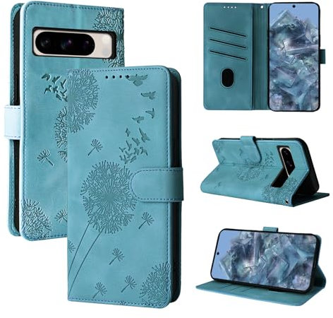 Rostsant Flip Case für Google Pixel 8 Pro - Löwenzahn PU Leder Brieftasche Tasche mit Magnetischer Hülle, Blau