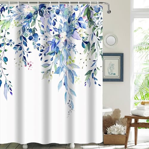 PHANPINT Duschvorhang mit Haken, 180x220cm Shower Curtains Textil Anti-schimmel Wasserdicht Waschbar Duschvorhänge (Blaue Blume)