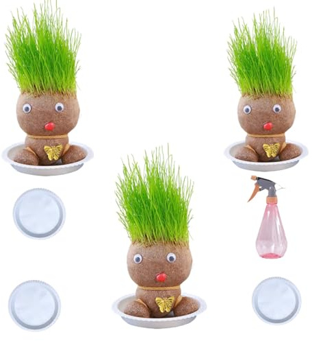 Use cabeza de hierba para hacer crecer el cabello, maceta con cabeza de muñeca, planta verde de escritorio, mini maceta de bonsái con bandeja, planta en maceta para niños (regadera), decoraciones de p