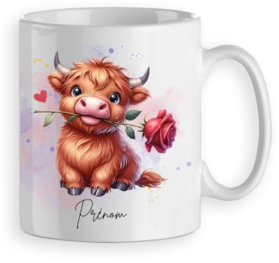 Mug tasse vache highland mignonne avec rose rouge personnalisable prénom cadeau original modèle1