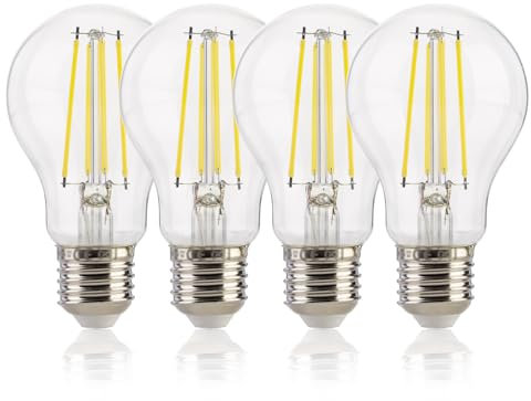 FLSNT E27 Screw Bulb 60W Equivalent 4000K Cool White, 7W A60 LED Filament Edison Screw Bulb, 806LM Cool White Light Bulbs, Non-Dimmable, Clear Glass, Pack of 4 [Energy Class E]
