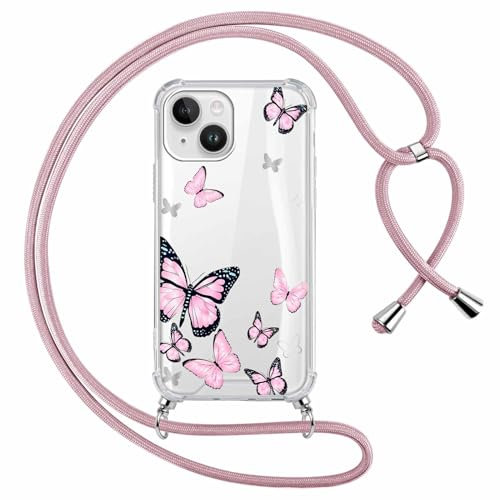Yoedge Handyband Handyhülle für iPhone 15 6,1 Hülle mit Band, Durchsichtig Aesthetic Muster Blumen Mädchen Case mit Kordel zum Umhängen, Weiche Silikon TPU + PC Stoßfest Schutzhülle Cover, 04