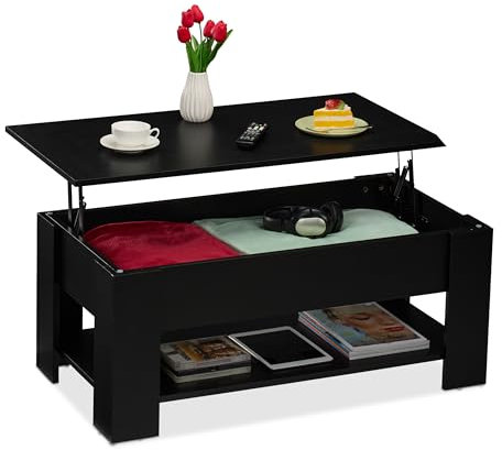 Relaxdays Mesa de Centro Elevable, Mesita Sofá con Almacenaje y Balda, Mesilla Salón, 42x98x50 cm, Negro, Tablero de Fibras
