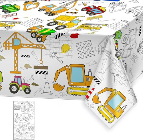 YXHZVON Bagger Tischdecke Kindergeburtstag, Bautischdecke,Bemalbare Tischdecke, Baustellen Fahrzeuge Dekorationen(137 x 274cm)
