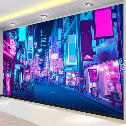 Les Néons Des Rues De Tokyo Japon Papier Peint Panoramique Poster Mural, Bleu Peinture Murale pour Salon Chambre Chambre d'enfants Restaurant Décoration Murale 250x175 cm