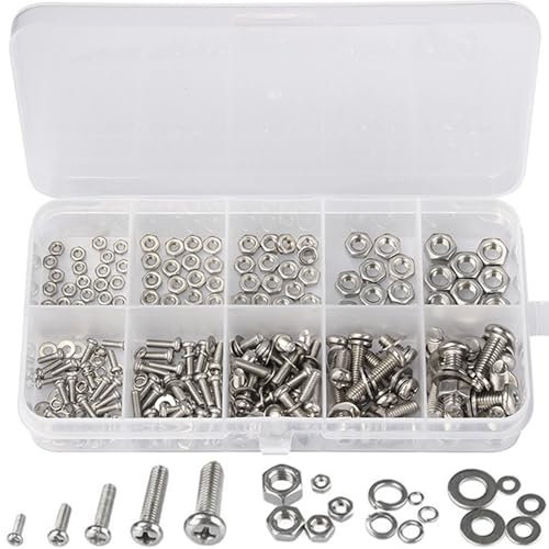 pekifaves 320 Stück Edelstahl Schrauben und Muttern Sortiment M2 M2.5 M3 M4 M5, Kreuzschlitzantrieb, Rechtsgewinde, Flachkopf Sechskant Befestigungssatz, Silber