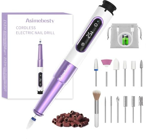 Asimebesty Electric Nail Files 25000RPM, Cordless Nail Drill Kit for Acrylic Nails, 12 in 1 Portable Nail Drill Machine with LED Display USB Rechargeable 5 Speeds Manicure Set for Women AS-2501V