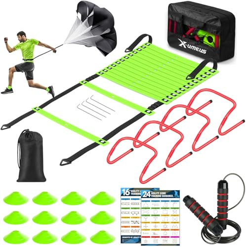 X-UMEUS Agility Ladder Speed Training Equipment Set-20ft Agility Ladder,12 Soccer Cones,4 Hurdles, Jump Rope, Running Parachute| Basketball Football Soccer Training Equipment for Kids Youth Adults
