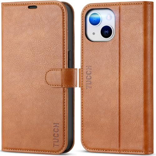 TUCCH PU Leather Case for iPhone 13 (6.1) 2021 5G, Magnetic Wallet Protective Flip Folio Folding Stand Cover with[RFID Blocking]Card Holders[Shockproof TPU]Compatible with iPhone 13, Textured Brown