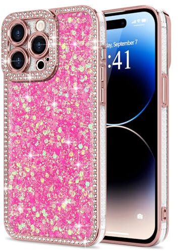 Lafunda for iPhone 14 Pro Max Case for Womens Girls, Luxury Bling Glitter Diamond Crystal Festival Shiny Case Camera Protection Shockproof Silicone TPU Phone Cover for iPhone 14 Pro Max 6.7, Hot Pink