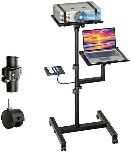 ORWOD Projektor- und Laptop-Stativ, 2 Ablagen, mobiles Laptop-Stativ, max. 119,4 cm höhenverstellbarer Laptopwagen auf Rädern, Projektor-Bodenständer mit belüftetem Tablett für Podium, Meeting, Couch
