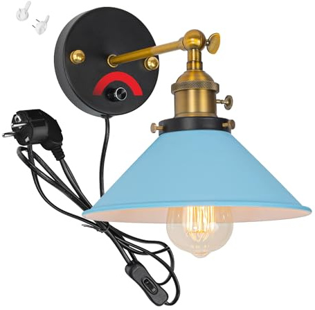 FSLiving Dimmbar Wandleuchte Innen Mit Schalter, Vintage Metall Wandlampe mit E27 Lampenfassung für Wohnzimmer Treppenhaus Flur Schlafzimmer,Blau