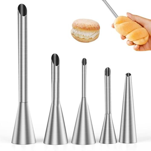 YiJiuBa 5 Stück Fülltülle zum Backen, Krapfentülle Spritztüllen zum Füllen Spritztüllen Fülltülle Edelstahl Füllen von Marmeladen, Blätterteig, Donuts, Brot, Blätterteig