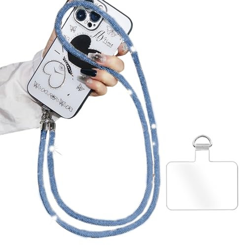 FloralGrace Umhängekette mit Glitzer Strass, Telefon Lanyard, langes Hängeband, Handy Seil, Anti Drop Handykette, Handy Kette, Kurz Handyanhänger(Blau 68CM)