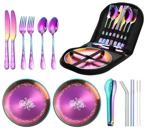XIAOYU Ensemble de couverts de camping en métal 16 pièces pour pique-nique avec étui portable, vaisselle de pique-nique de camping pour 2, kit de couverts d'extérieur en acier inoxydable, arc-en-ciel