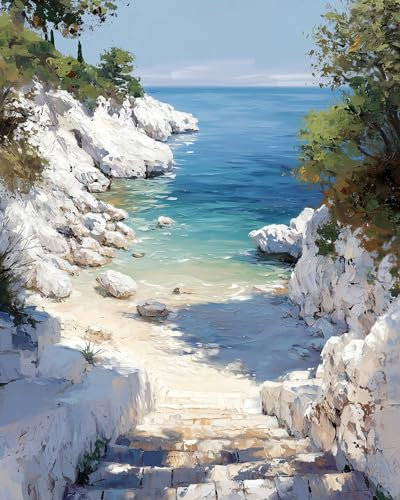 STYLER Leinwandbild Secret Bay 70 x 100 cm I Mediterrane Küstenszene mit Treppe zum Meer I Wandbild modern I Druck auf Leinwand mit Keilrahmen