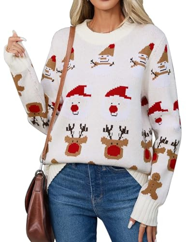heekpek Pull de Noël Femme Hiver Chaud Chic et Élégant Ample Pull Col Rond Doux Grosse Maille Oversize Sweater, Père Noël, M