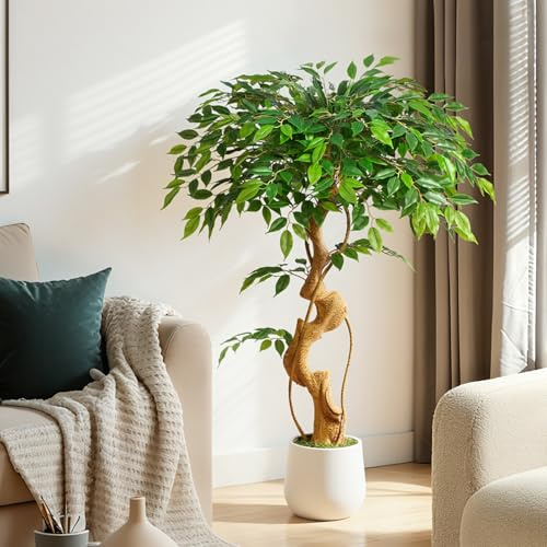 Keeplush Kunstpflanze Ficusbaum 120cm Mit Weiß Topf,Künstliche Pflanzen groß wie echt mit Gebogene Baumstamm und 930 Blättern,Kunstbaum Für Innendekor Wohnzimmer Schlafzimmer Büro GartenHaus Decor