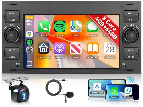 Hodozzy 8 Core 4G+64G Autoradio Android für Ford Transit Fiesta Focus Galaxy Mondeo C-Max S-Max Connect mit Navi WiFi, 7 Zoll Touchscreen mit Carplay Android Auto, Bluetooth DSP WiFi FM RDS Kamera