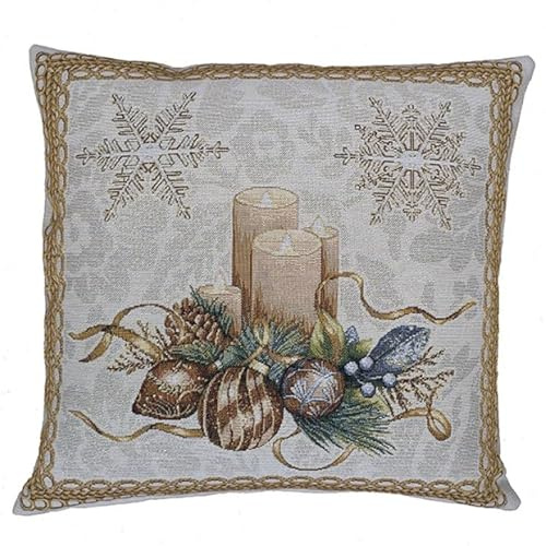Generisch Kissenhülle Kissenbezug Dekokissen 45 x 45 cm Gobelin Festliche Weihnachten Advent mit Lurex Nostalgie Hellbeige grün braun Baumwollmischung