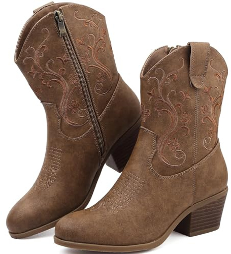 Cowboy Boots for Women Cowgirl Boots Side Zip Embroidered Block Heel Black