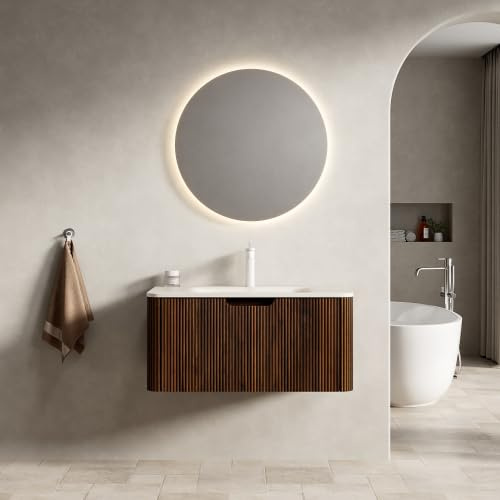 dowowdo Badezimmerschrank waschbeckenunterschrankl mit Waschbecken 80cm, Geräumiger Waschtisch mit LED Beleuchtung, Sinterstein Integralschale, Modernes Badmöbel Set (Vormontiert)