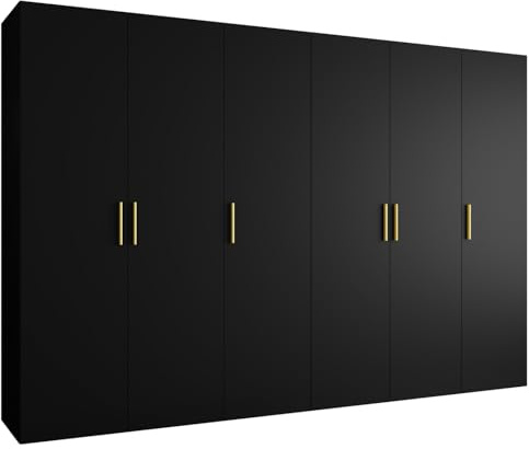 MEBLE KRYSPOL - Kleiderschrank - Garderobenschrank - 300 cm x 202 x 52 cm - Schrank mit Kleiderstange, 6 Türen - für Schlafzimmer, Flur - BARI, Schwarz, Griff Gold